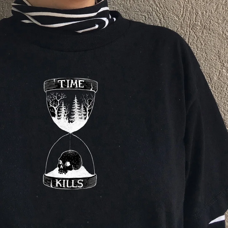 

Время убивает скелет черепа футболки Tumblr Прохладный гранж унисекс футболка Готический Стиль темно Harajuku Для женщин футболка Топ