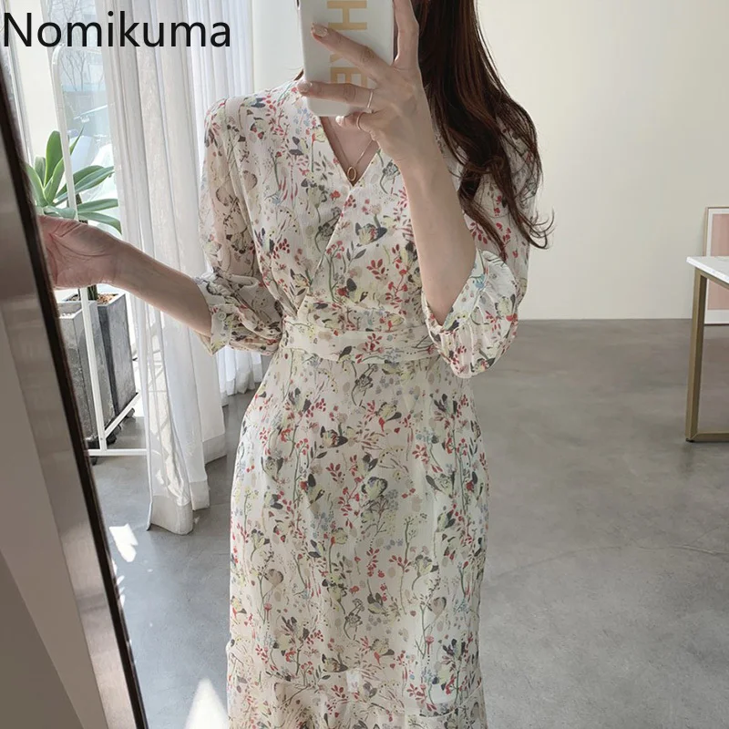 Платье Nomikuma женское с цветочным принтом корейское приталенное до середины икры V