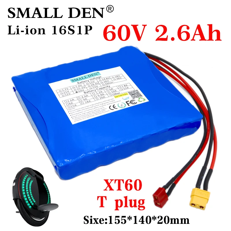 

60V 2.6Ah 18650 lithium Rechargeable battery pack 16S1P 2600mAh 156W for Electric unicycle Self-balancing scooter device battery