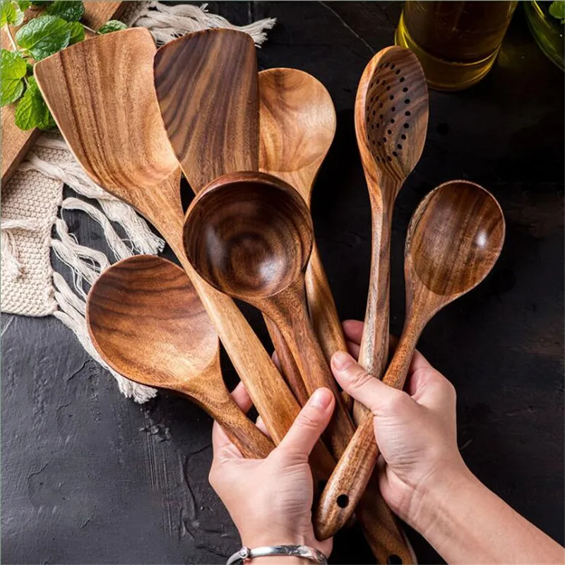 

7Pcs/Set Teak Natural Wood Tableware Spoon Special Nano Soup Colander Skimmer Cooking Scoop Kitchen Reusable Utensils Kit