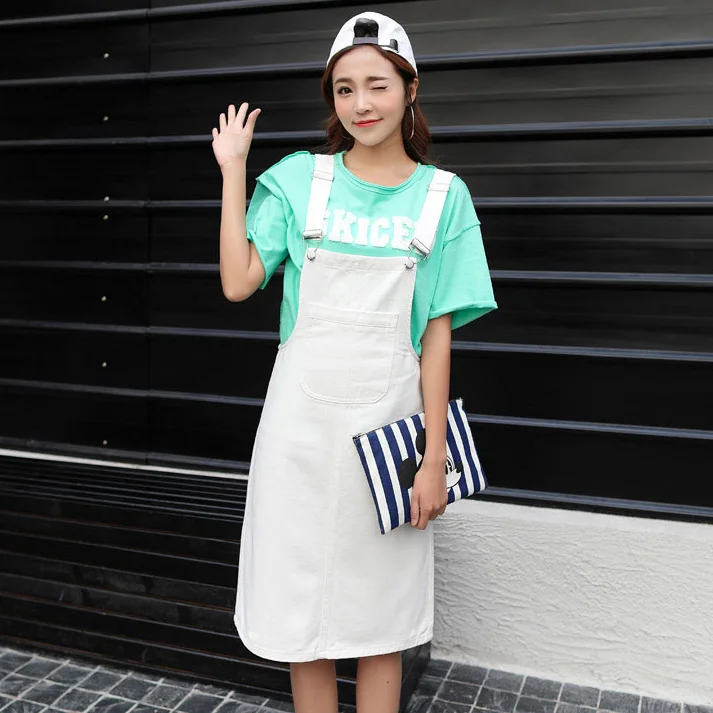2020 Spring New Arrival Solid Suspender Girls Dress Knee-Length Basis Denim Sweet Preppy Style Korean DG80 | Женская одежда