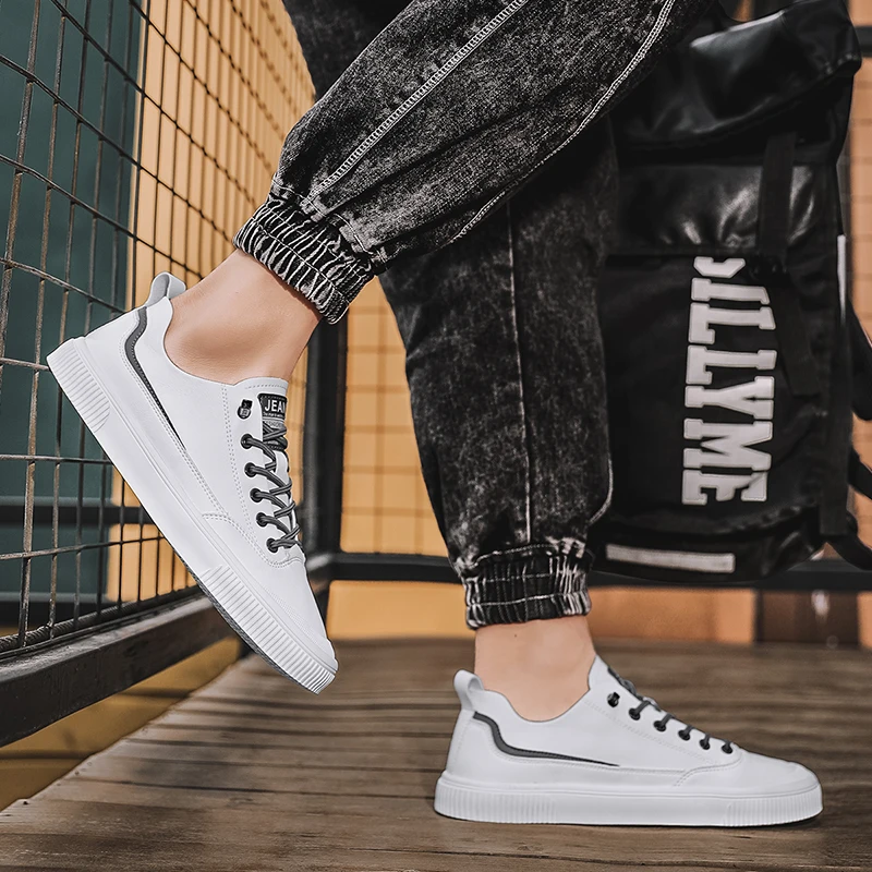 

Mens Sneakers New Fashion High Quality Soft Lace-up Solid Casual Shoes Men Comfortable Breathable Leather Minimalist White Shoes