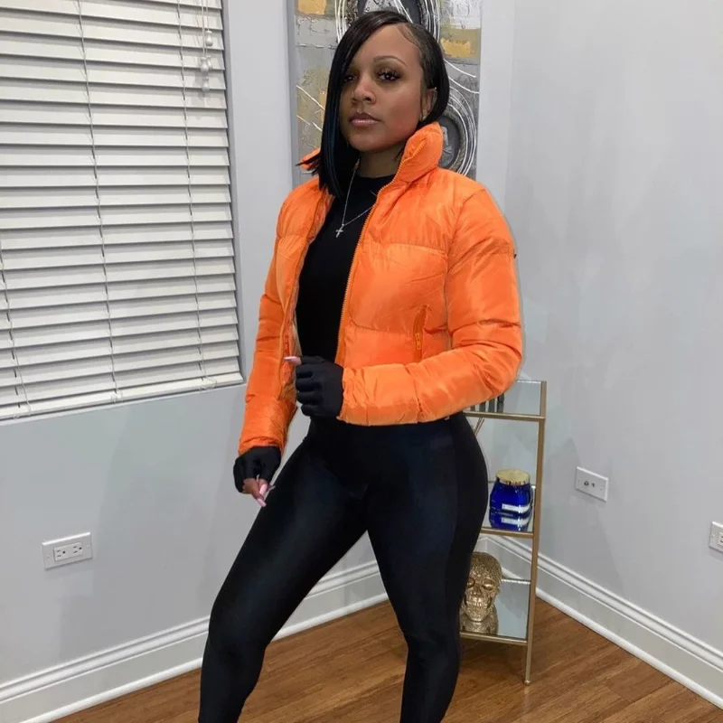 

FORERUN Cropped Puffer Jacket Women Solid Orange Slim Bubble Coats Winter Autumn Stand Collar Short Casaco Feminino Inverno