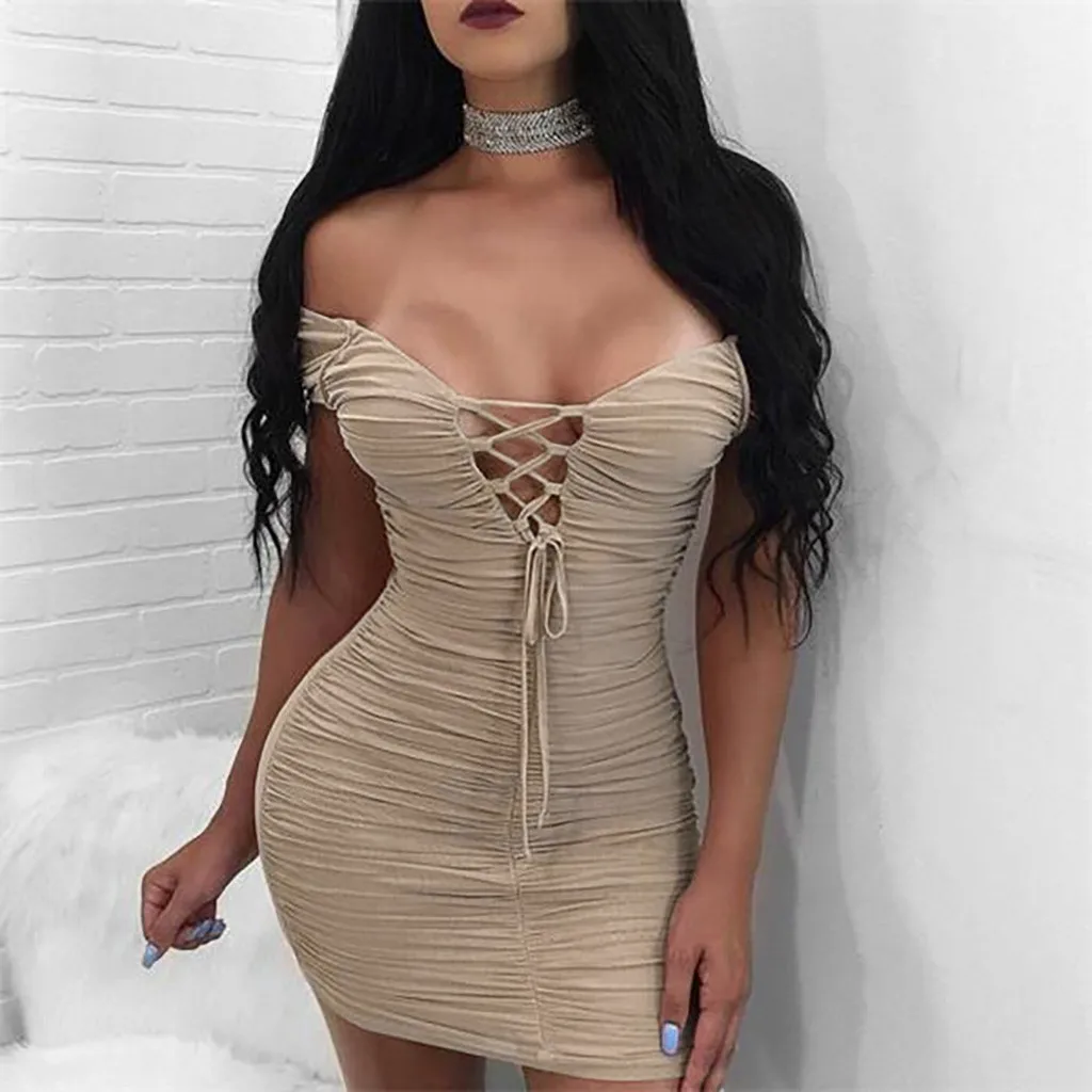 Летнее мини платье с открытыми плечами 2020 женское облегающее короткое глубоким v