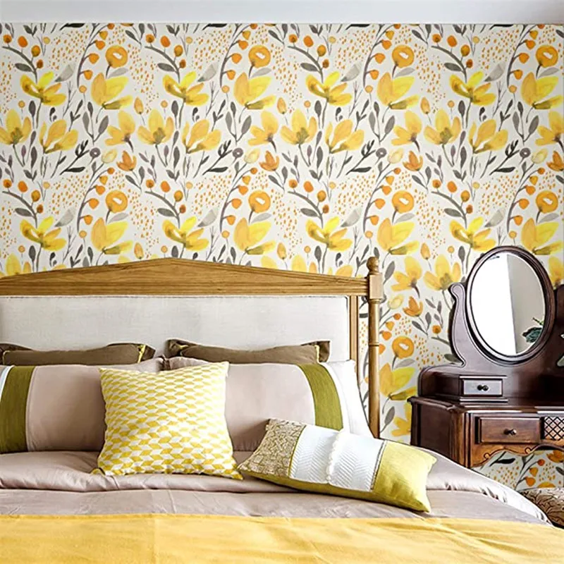 Виниловые самоклеящиеся обои ручной работы бесшовные желтые цветочные Kapok для
