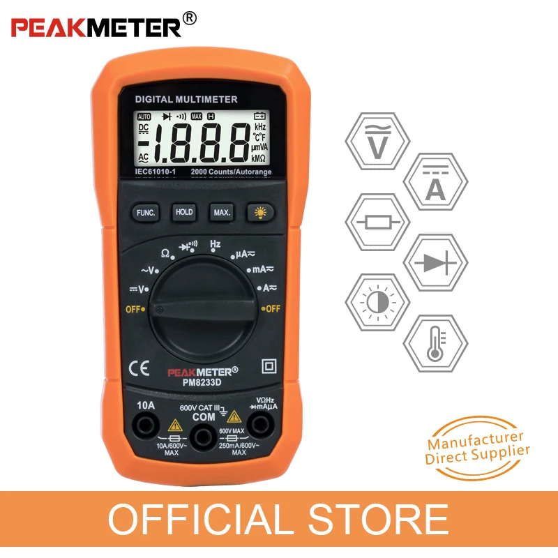 Официальный цифровой мультиметр Peakmeter PM8233 серии (D&E) с ЖК-дисплеем, авторежимом и максимальным количеством показаний 2000, наилучшее сочетание цены и компактности.