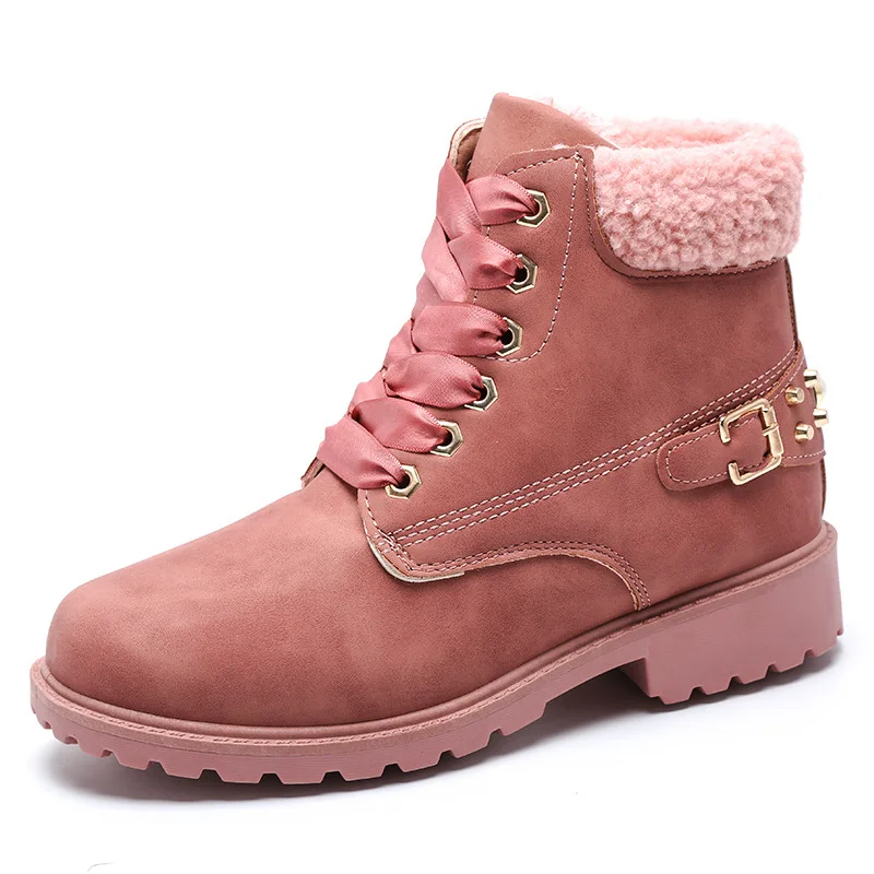 

2020New Warm Plush Women Winter Shoes Lace Up Ladies Rivets Short Boots Cotton Padded Short Botas Solid Work Safety Boots
