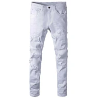 american street style fashion men jeans white color elastic slim fit ripped jeans men patch designer hip hop denim punk pants