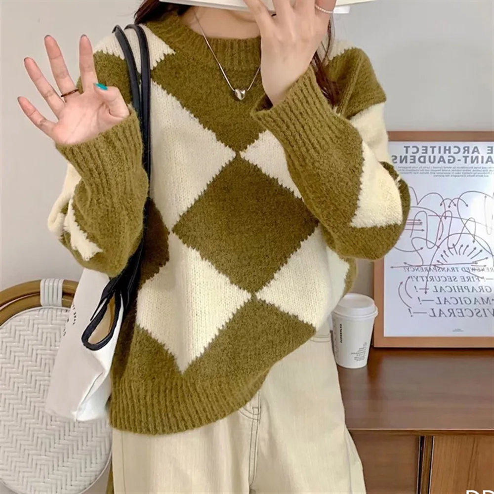 

Женский свитер с ромбовидным узором, Свободный Повседневный пуловер в корейском ретро-стиле с круглым вырезом, осень 2021
