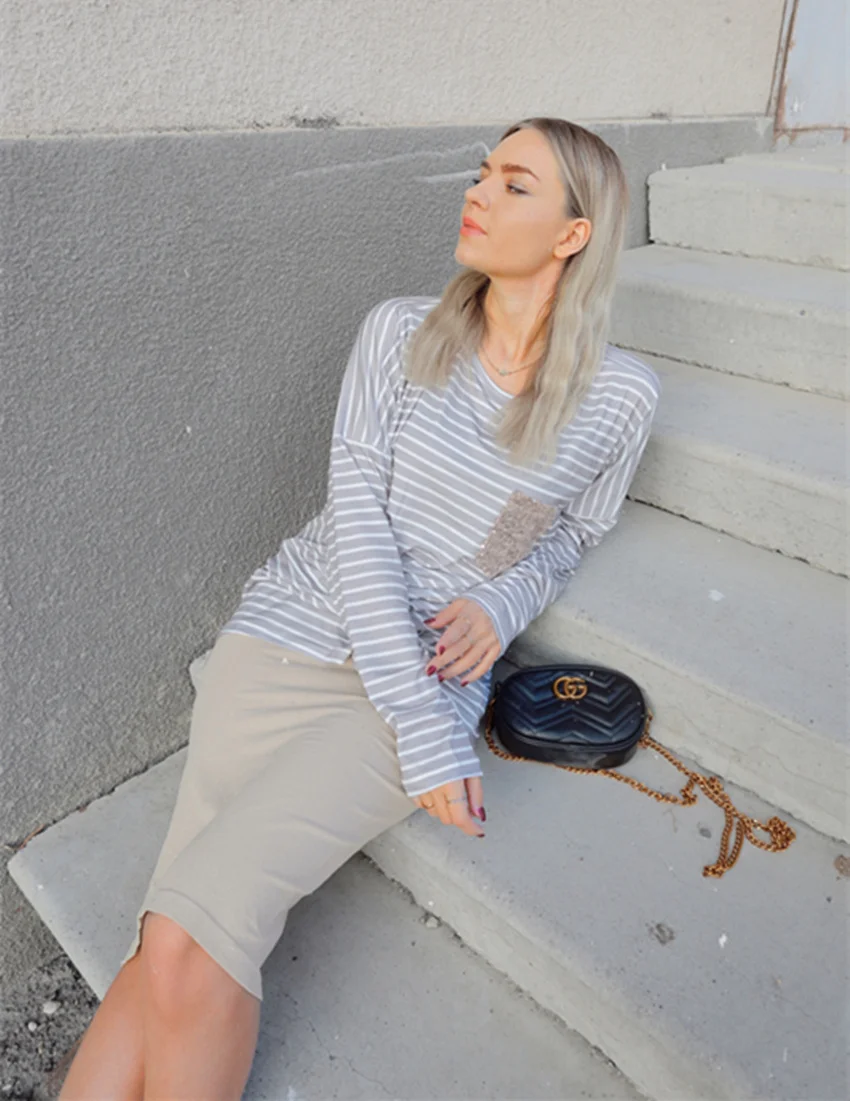 Полосатый Топ женская футболка с длинным рукавом повседневные свободные