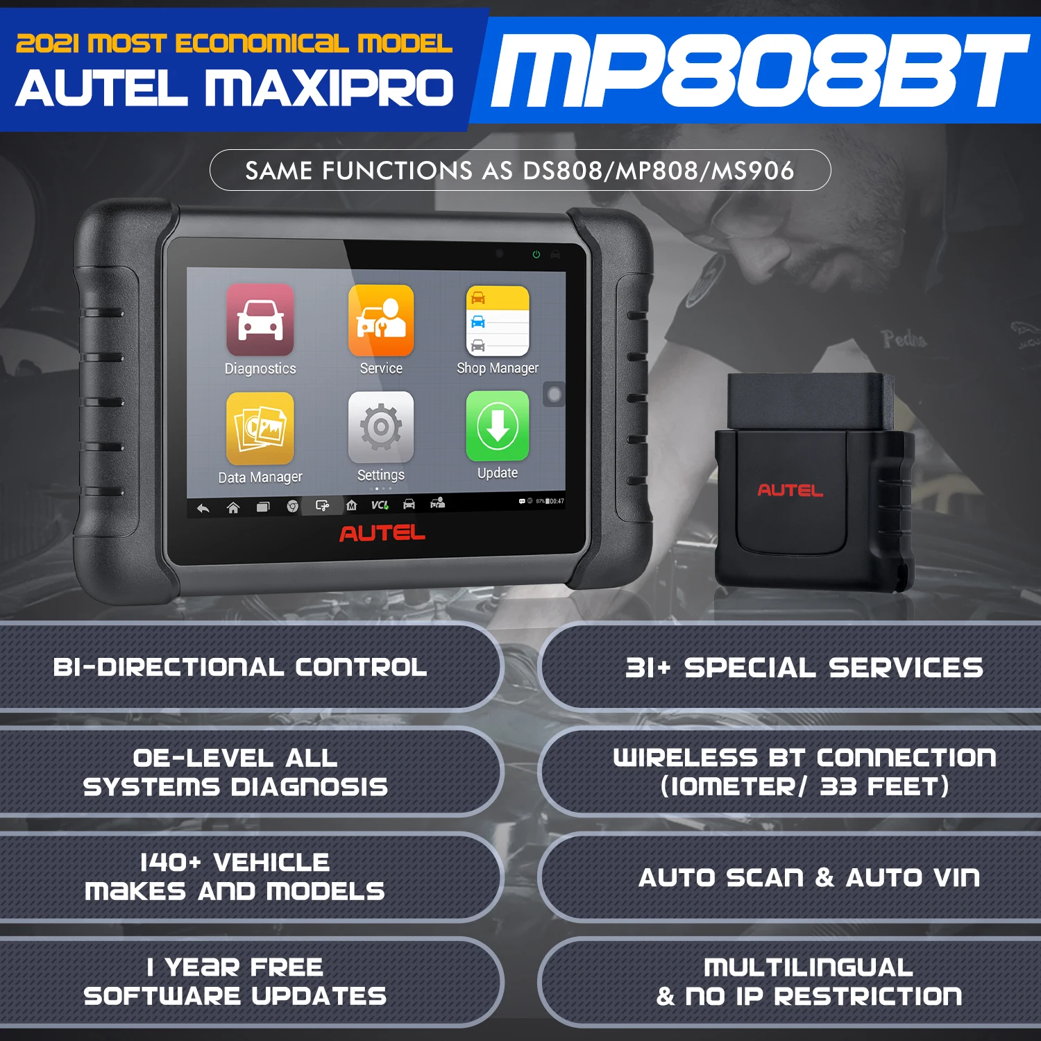Autel MaxiPRO MP808BT Lite Wireless Car Diagnostic Scan Tool Bi-Directional Control 30+ Services Upgrade of MP808/DS808 Scanner |