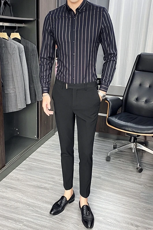

Korean Fashion Business Formal Wear Men Striped Shirts Long Sleeve All Match Slim Fit Party/Club Casual Blouse Homme Top Quality