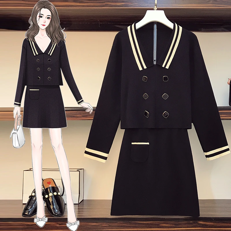 Плюс размер Осень зима элегантный вязаный свитер укороченный топ и мини юбка