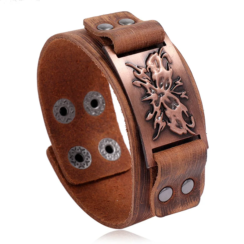 Широкий кожаный мужской Браслет Панк Плетеный веревочный браслет из сплава для