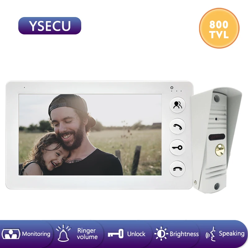 YSECU 7 дюймовый проводной белый монитор видеодомофон цветной ЖК дисплей