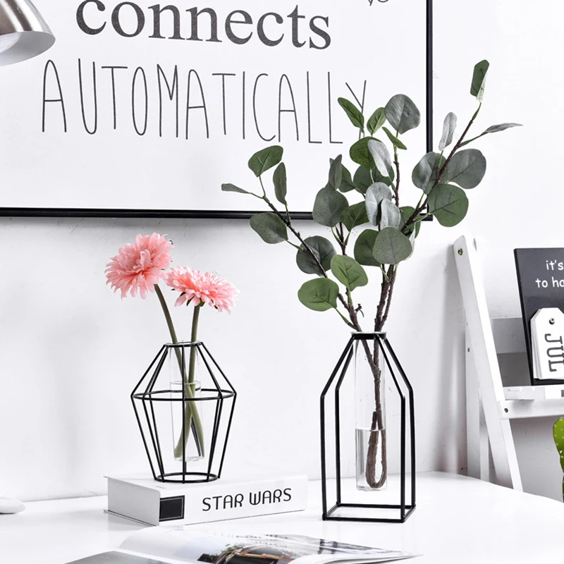 

Nordic Simple Golden Glass Vase Hydroponic Plant Flower Vase Iron Geometric Glass Test Tube Metal Plant Holder Modern Home Decor