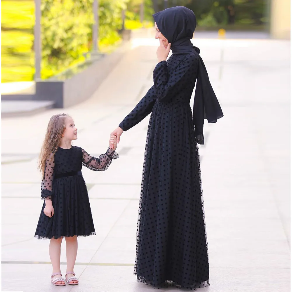 

New Arab Dubai Muslim Wave Point Dresses Gauze Polka point dress Parent-child Suit for Children Islamic Apparel
