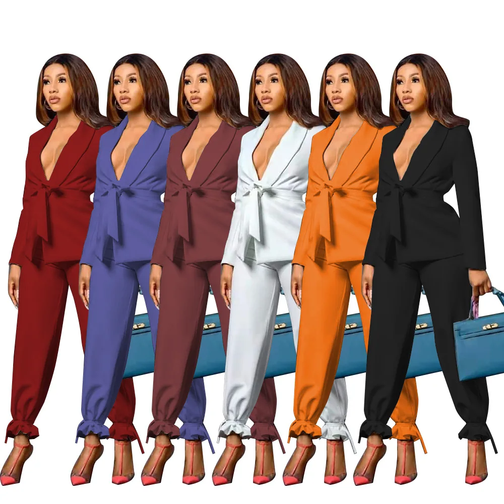 

Office Lady Autumn Outfits Blazer Sets Turn Down Neck Full Sleeves Lace Up Tops Fashion Ruffles Cuff Causal Pants Outfits