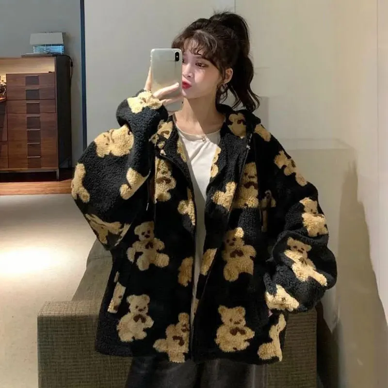 

Harajuku Bear Print Cartoon Hoodies Women Kawaii Sweatshirt Long Sleeve 2021 Woman Korean Fashion Mujer Loose Casual Clothes 90s