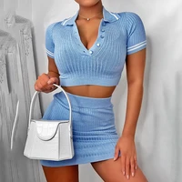 sexy party two piece set 2020 summer blue knit crop top v neck short sleeve and mini bodycon skirt casual women outfit