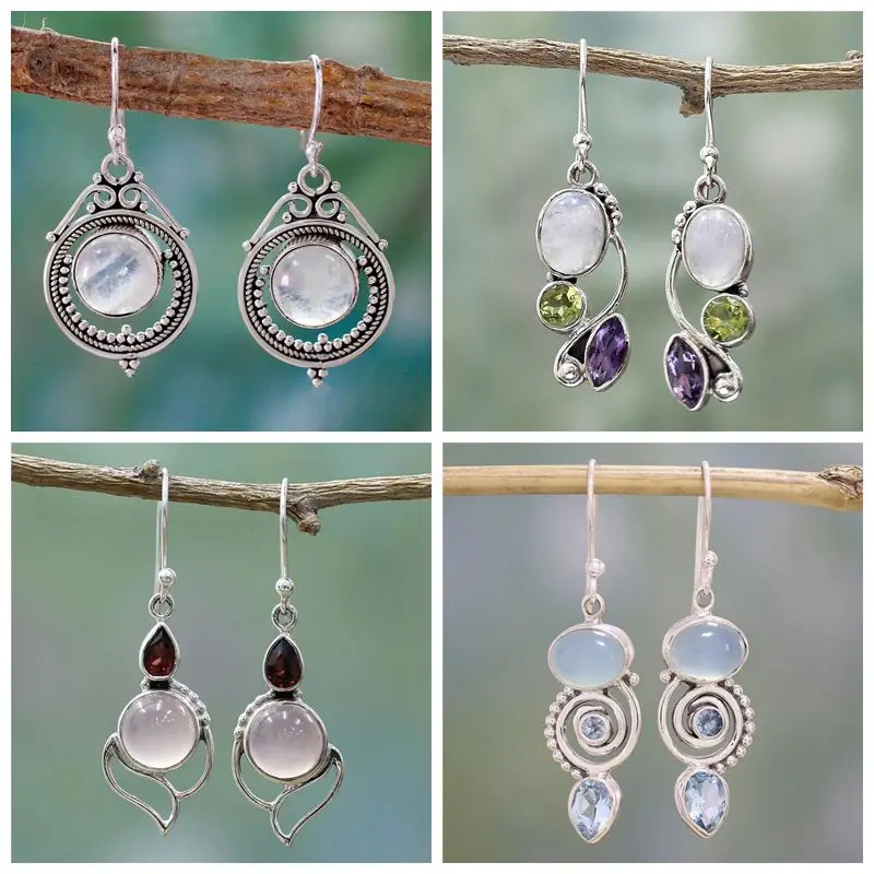 

Vintage Geometric Moonstone Beaded Dangle Hanging Earrings For Women Silver Color Twist Hook Earrings Zircon Wedding Jewelry