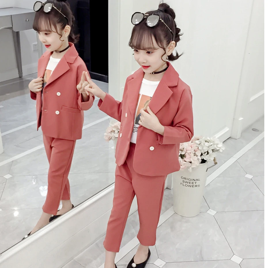 Одежда для девочек однотонный пиджак + штаны детская одежда из 2 предметов