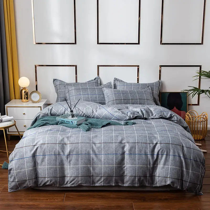 

Yaapeet 3/4pcs Grey Plaid Bedding Set Breathable Leaves Pattern Bedding Linens Europe Warm Bed Sheets Popular Soft Duvet Cover