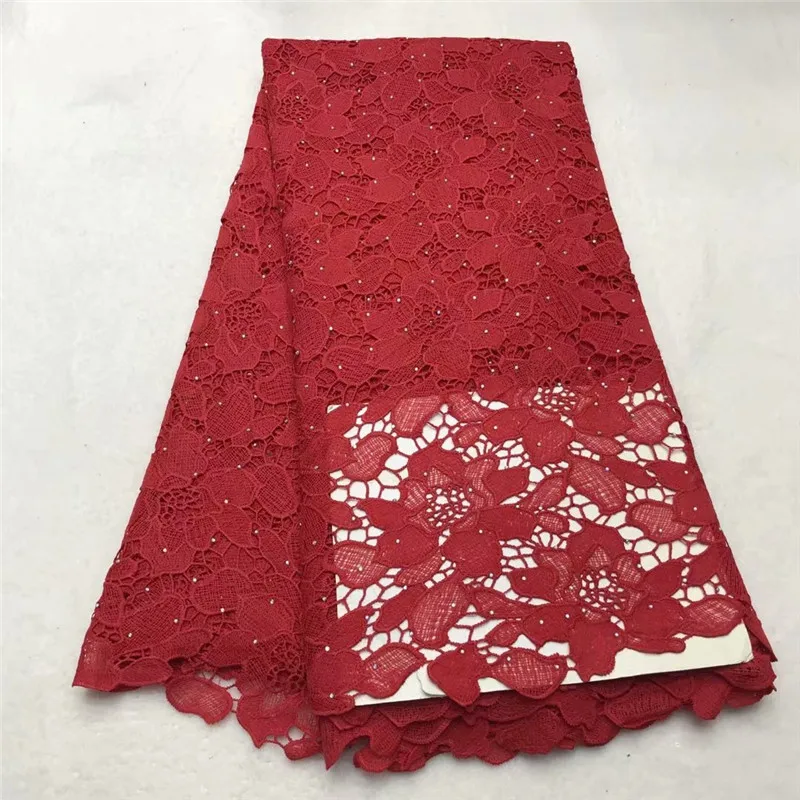 

yellow Latest Hollow Out African Guipure Cord Lace Red Bridal Nigerian Water Soluble Cord Lace Fabric With Stone For Party