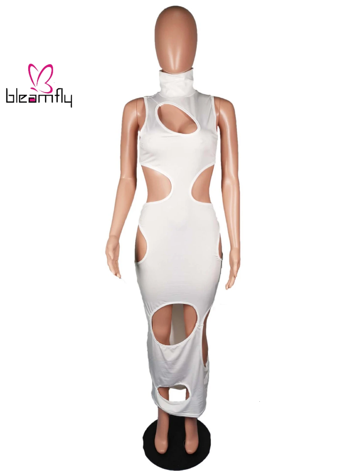 Осеннее женское платье с вырезами без рукавов со стоячим воротником макси миди