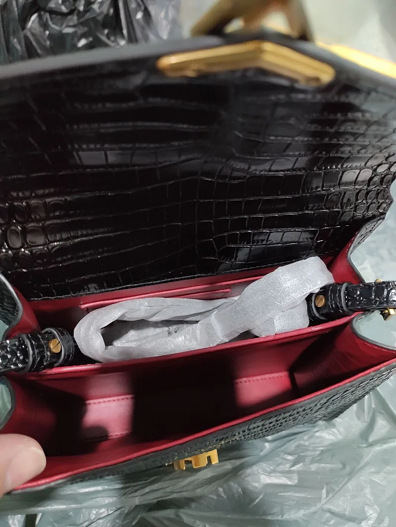 

New Classic Women's Genuine Leather Shoulder Bag Alligator Cowhide Black with gold chain Handbag Bags Ladies Handbags