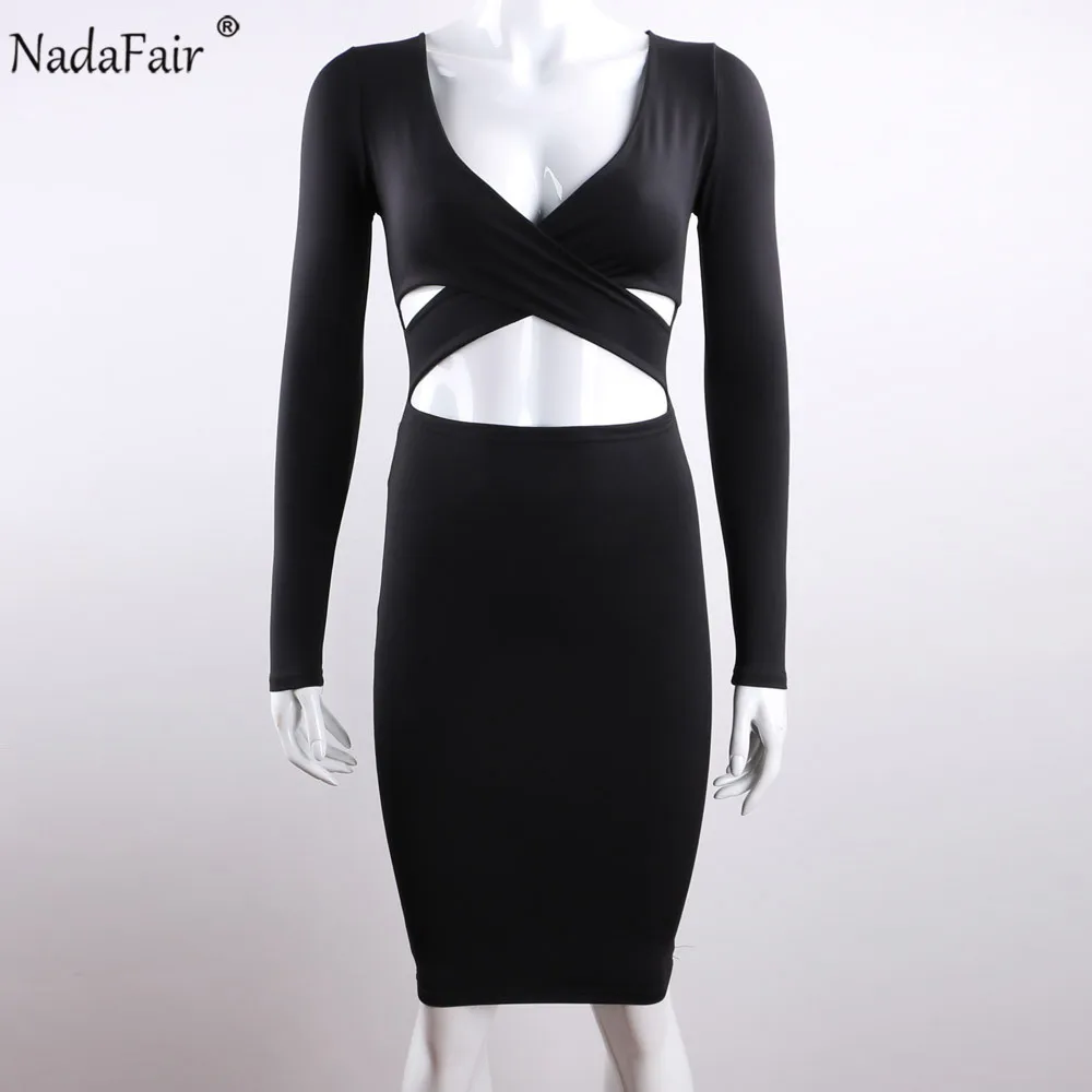 Nadafair, сексуальное миди-карандаш, облегающее Клубное платье, для женщин, Осень-зима, с длинным рукавом, красное, белое, черное, вечернее платье, vestidos