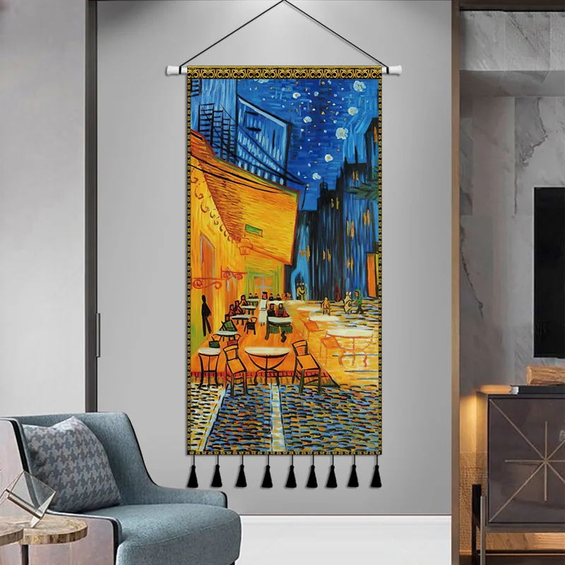 Tapiz colgante con pintura al &oacute;leo de Van Gogh, cubierta de pared con borlas hechas a mano, manta de tela, accesorios de decoraci&oacute;n para el hogar-3