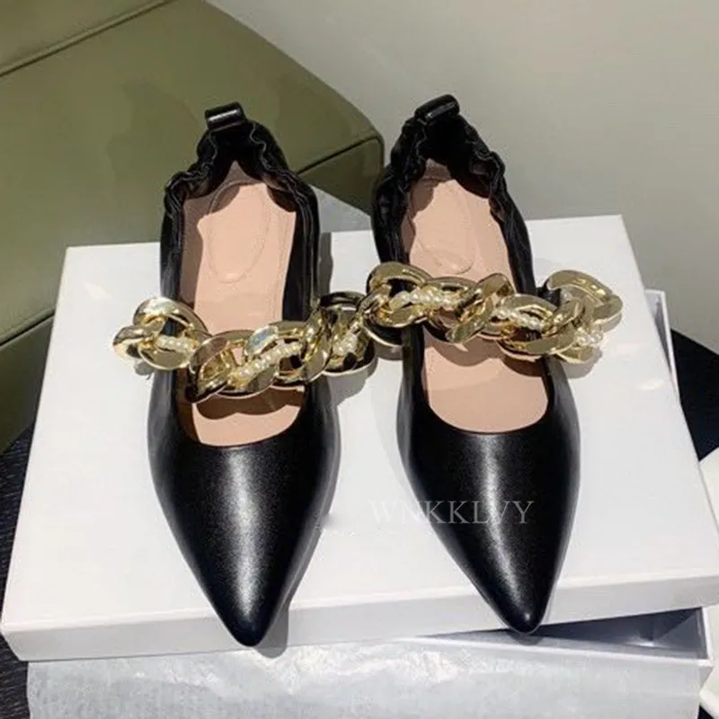 

Thick Sole Pointed Toe Mary Janes Women Shallow Mouth Real Leather Metal Pearl Chain Single Shoes Spring Fashion Flat Loafers