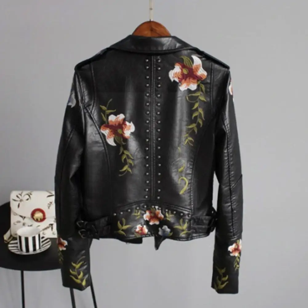 

Autumn Winter Soft PU Embroidery Rivet Zipper Biker Leather Jacket For Women Street Motorcycle Punk Coat Female Casual Oute G0W5