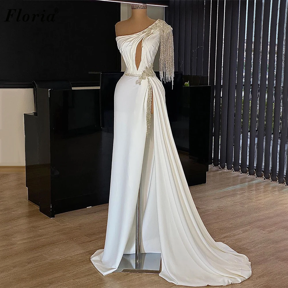 Средний Восток белые Выпускные платья Русалка на одно плечо Вечерние Длинные