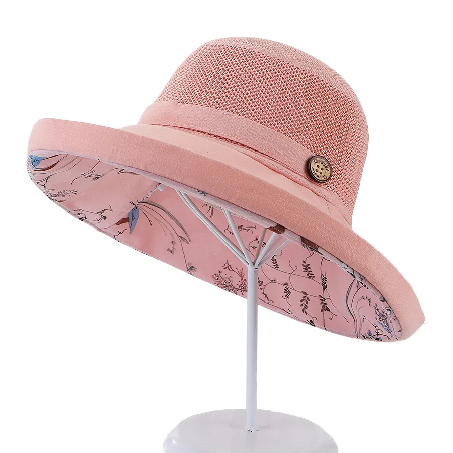

2021 summer new splicing wood buckle sunshade hat double-layer floral small pure and fresh and the fisherman hat lady