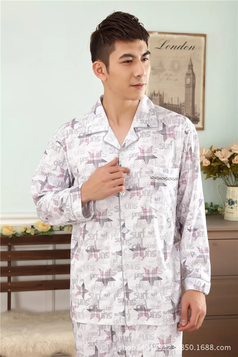 

Pajamas Pyjamas Nightgown Pajama Set 2021 Spring new men's comfortable fit long-sleeved knit cotton double white plaid tracksuit