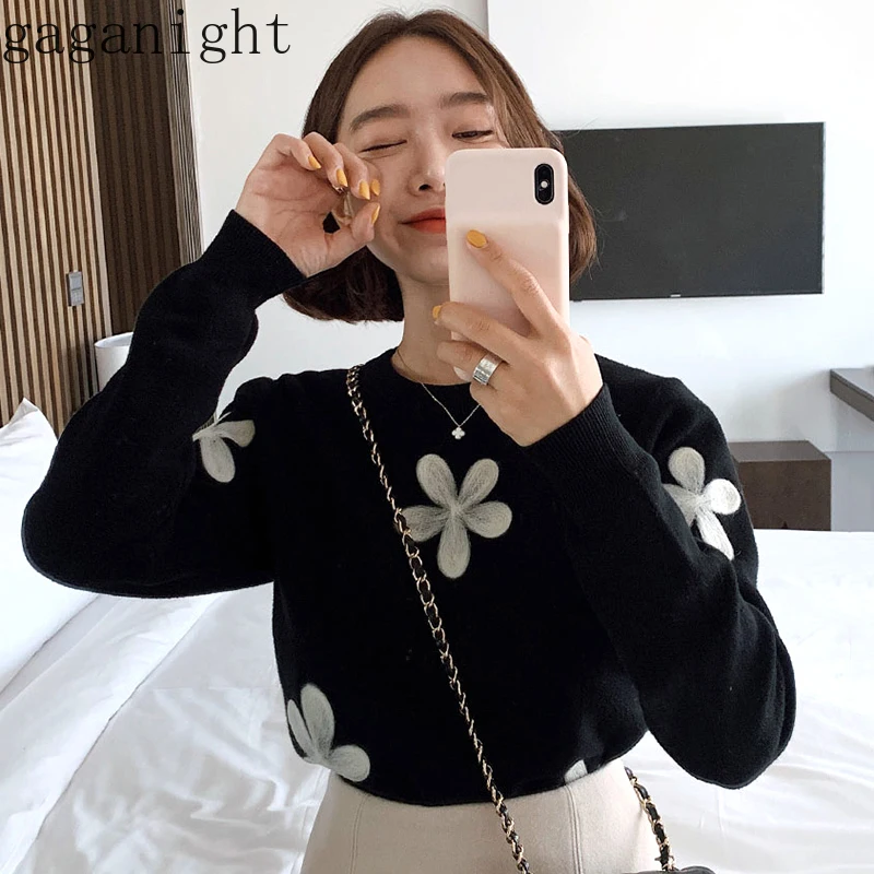 Женский свитер с вышитым цветком Gaganight пуловер длинным рукавом и круглым вырезом