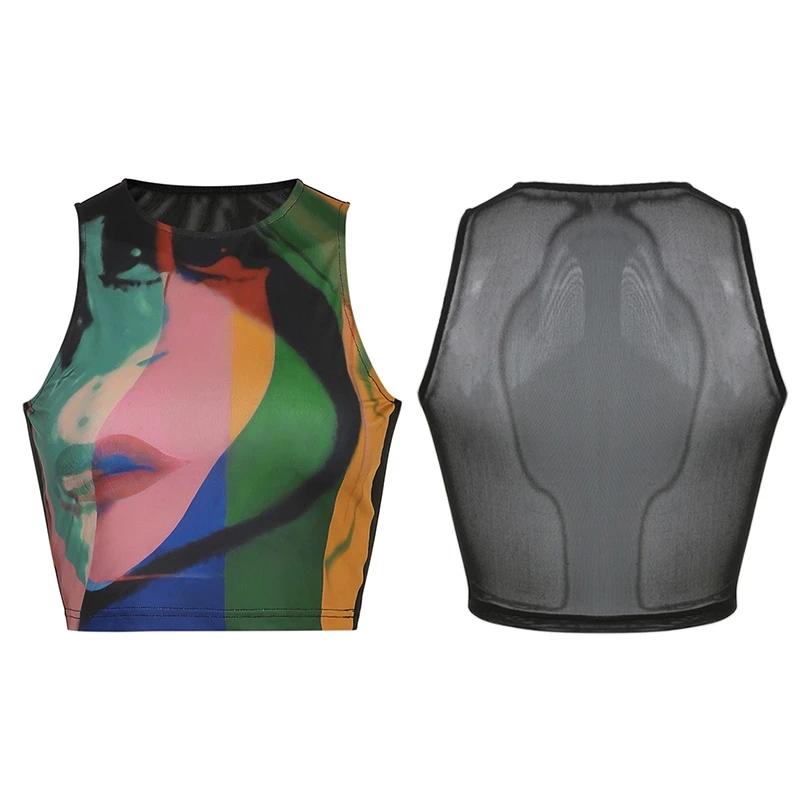 

Women Summer Sleeveless O-Neck T-Shirt Multicolor Abstract Portait Print Crop Top Harajuku Mesh Racerback Slim Vest