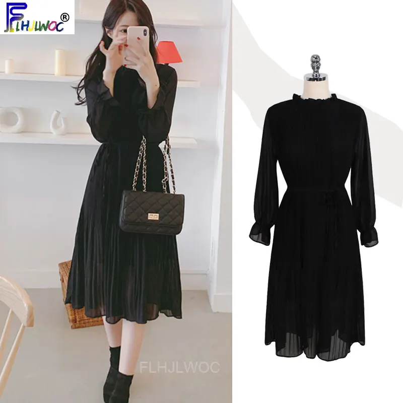 Плиссированные платья а силуэта женское черное платье с расклешенными рукавами