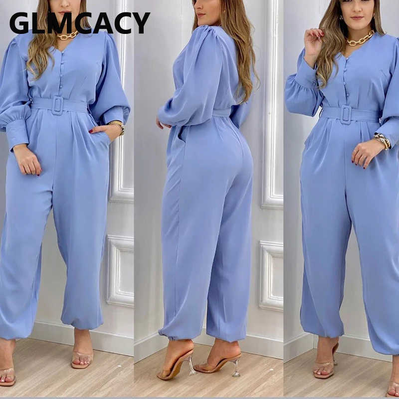 

Women Long Sleeve Button Design V-neck Casual Jumpsuits