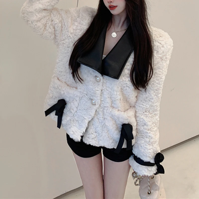 PERHAPS U Women Elegant Winter Faux Rabbit Fur Spliecd PU Leather Lace Up Tie Bow Pockets Pearl Slim Jacket Outwear Coat C3027 enlarge
