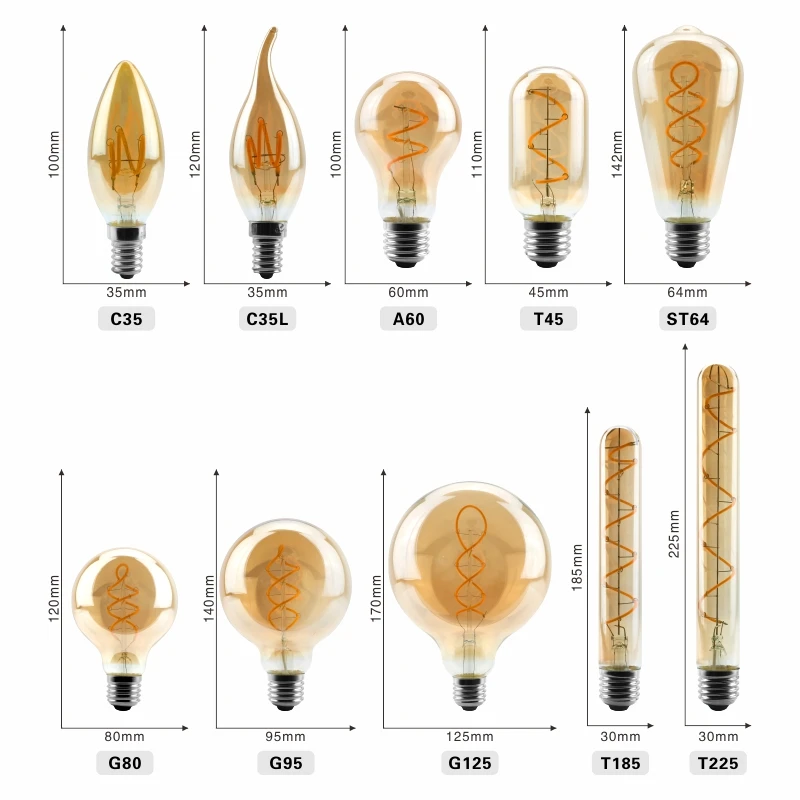 С регулируемой яркостью Edison лампа 4 Вт 2200K C35 T45 A60 ST64 G80 G95 G125 спираль светильник светодиодный Лампа накаливания подвесной светильник в стиле ретро декоративный светильник ИНЖ