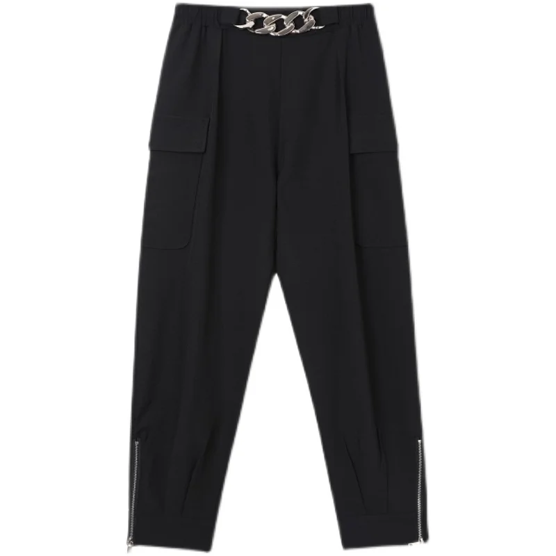 

Harajuku Male Loose Hip Hop Harem Pants Men Trend Fashion Metal Chain Bundle Zipper Pockets Casual Streetwear Cargo Trousers