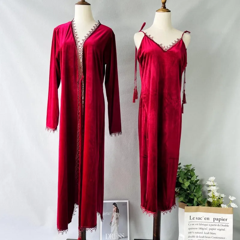 

Long 2pcs Velvet Kimono Robe Set Long Sleeve Homewear Intimate Lingerie female Autumn New Sleepwear Casual Bathrobe Gown