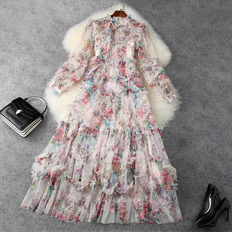 

Dresses Women European and American Women's Clothing New 2021 Spring Long Sleeve Printed Fashion Mesh Pleated Dress