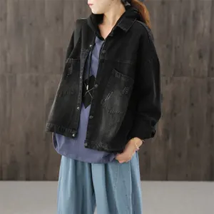 Новинка осени, женские свободные однобортные джинсовые короткие пальто с длинным рукавом, винтажные куртки с двойным карманом, большие размеры M449