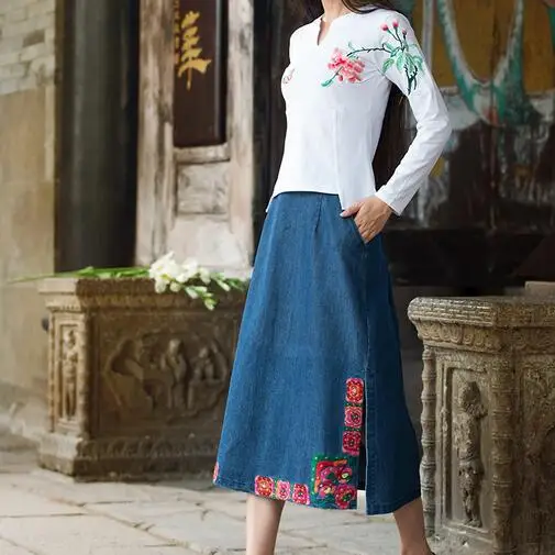 Женская длинная джинсовая юбка 2020 Осенняя испанская стильная хиппи этническая