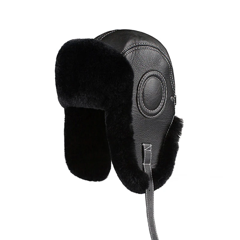 

Winter Bomber Hats Rex Rabbit Fur Earflap Russian Ushanka Men Trapper Aviator Pilot Hat Real Leather Fur Snow Caps