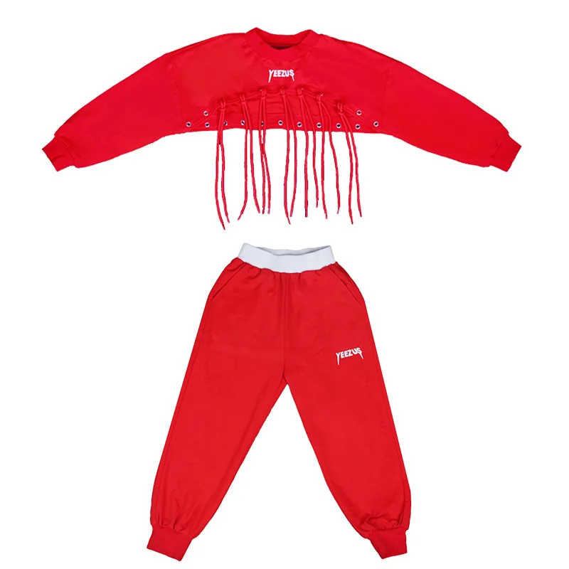 

2020 Children Jazz Dance Costume Hip Hop Girls Performance Suit Red Tops Pants Long Sleeve Street Dance Clothing Stage Wear